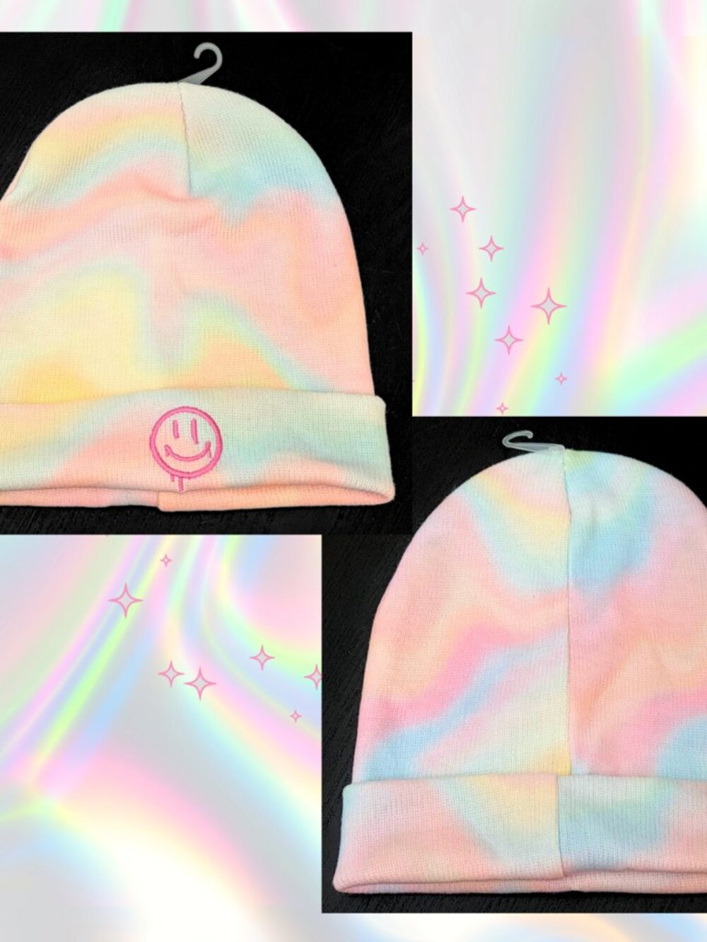 Pastel Tie Dye Smiley Face Beanie Y2K Kawaii Rainbow Knit Rave Hat